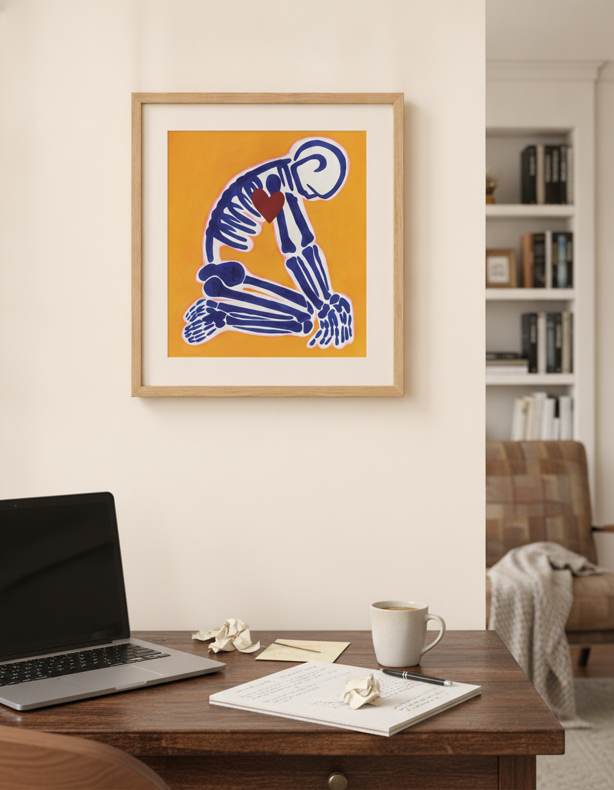 Bones Man art print shown framed on the wall in a home study