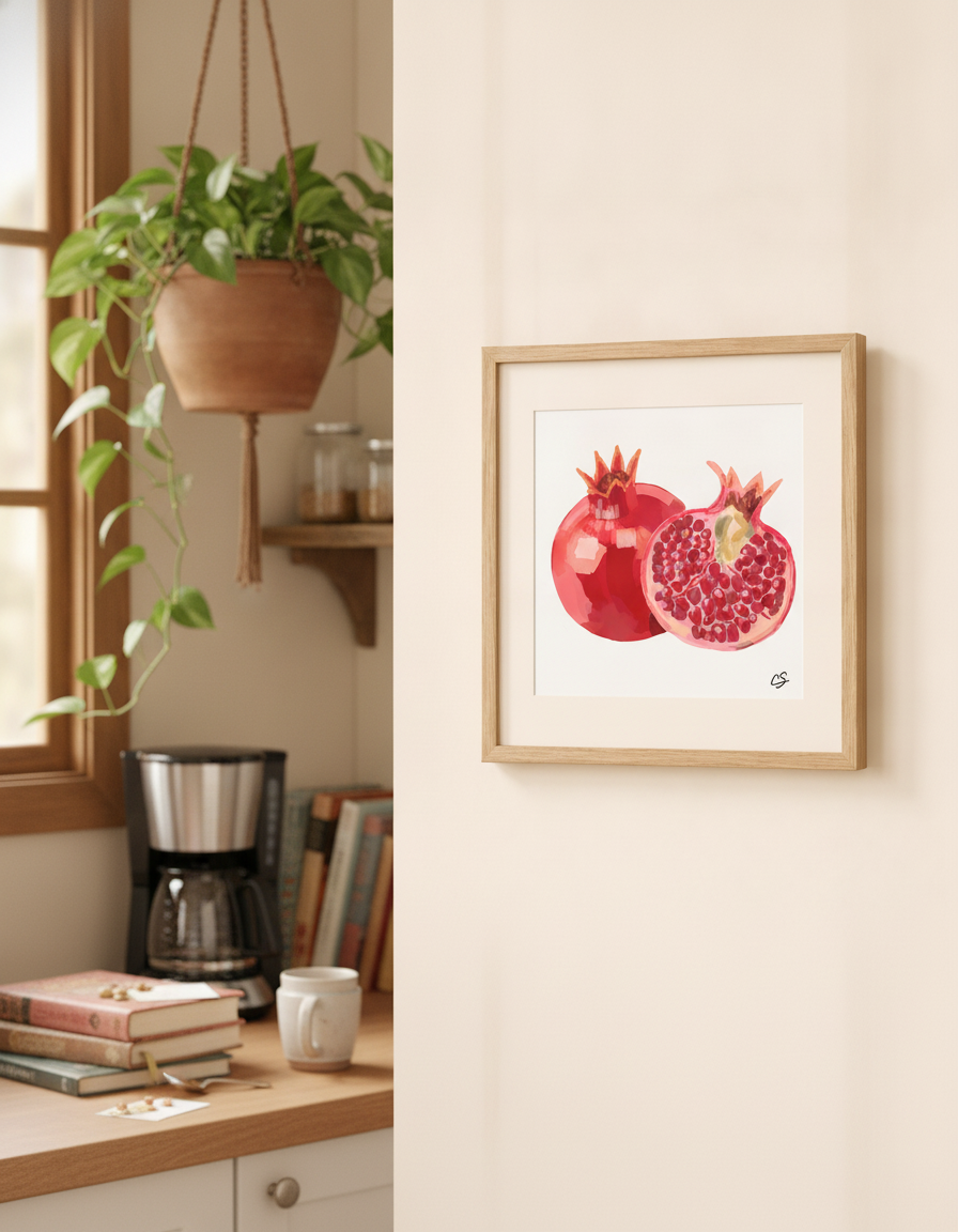 Pom art print shown framed on the wall in a kitchen
