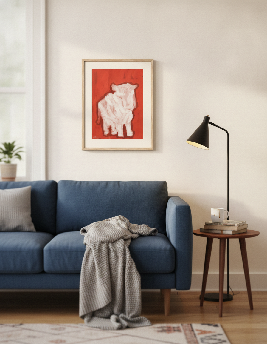 Highland Cow art print shown framed on the wall in a living room