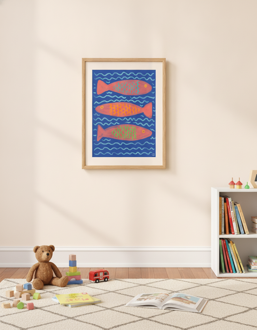Fish art print shown framed on the wall in a children's room