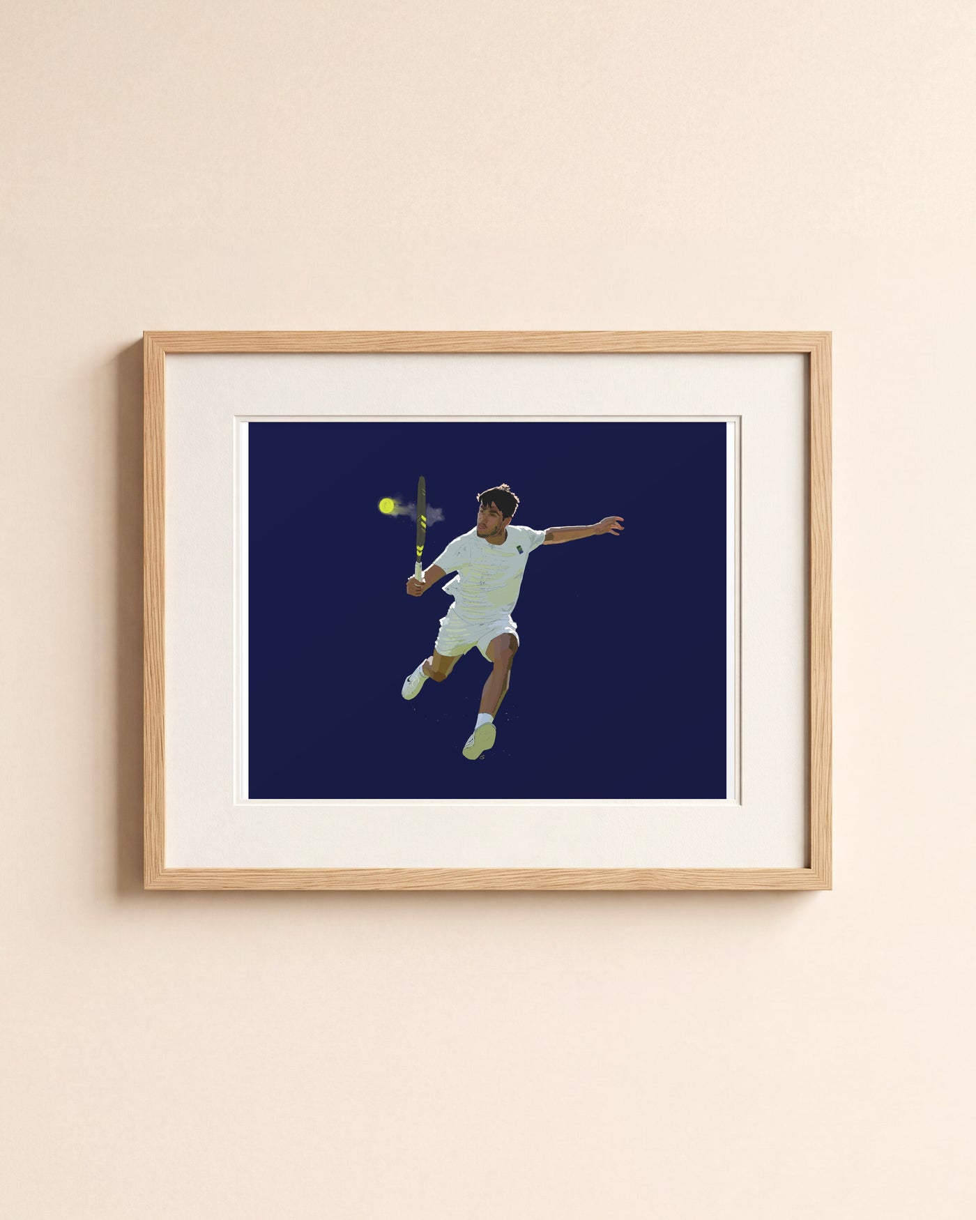 Carlos giclée art print in a light oak frame with a white mat, hanging on a cream wall