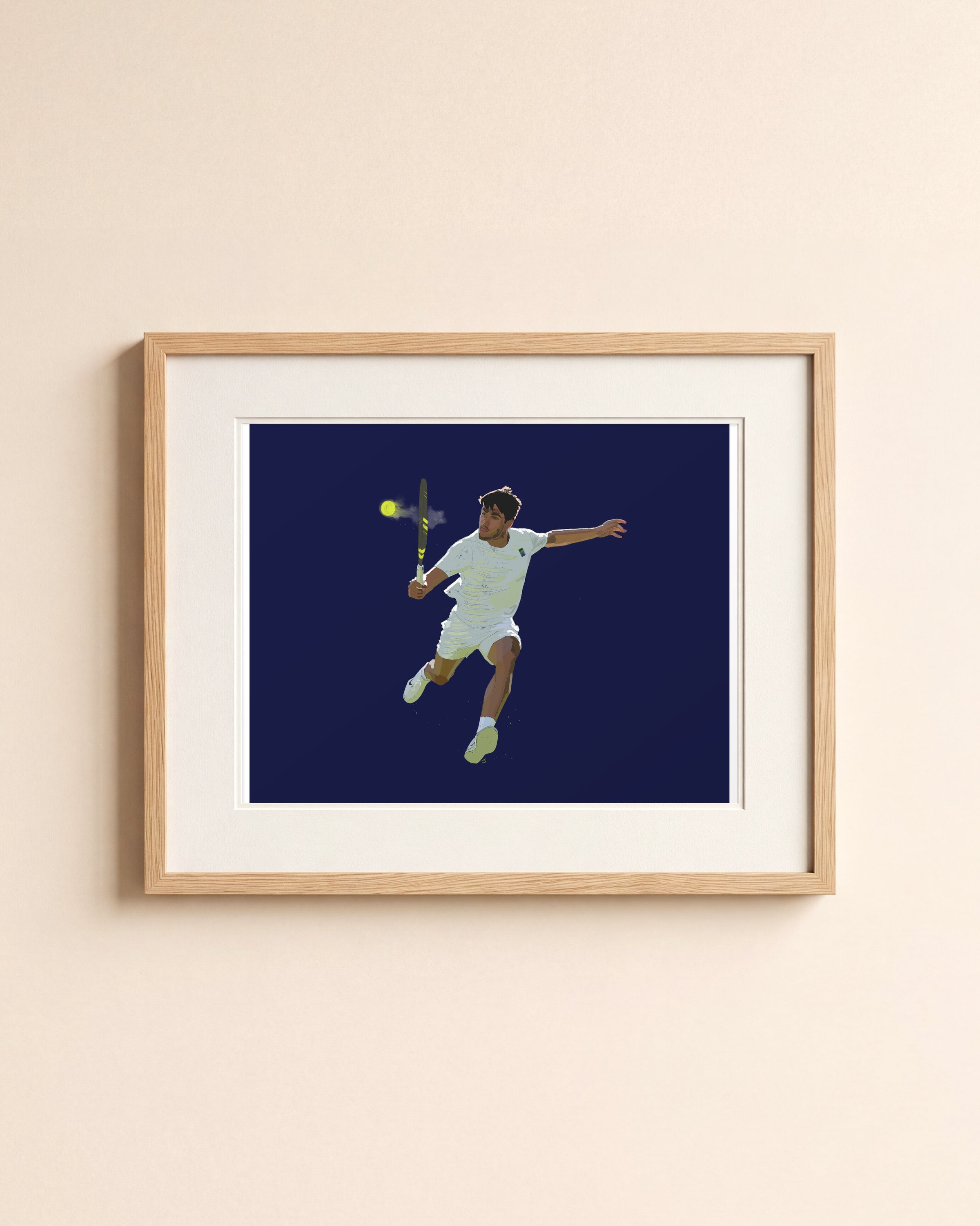 Carlos giclée art print in a light oak frame with a white mat, hanging on a cream wall