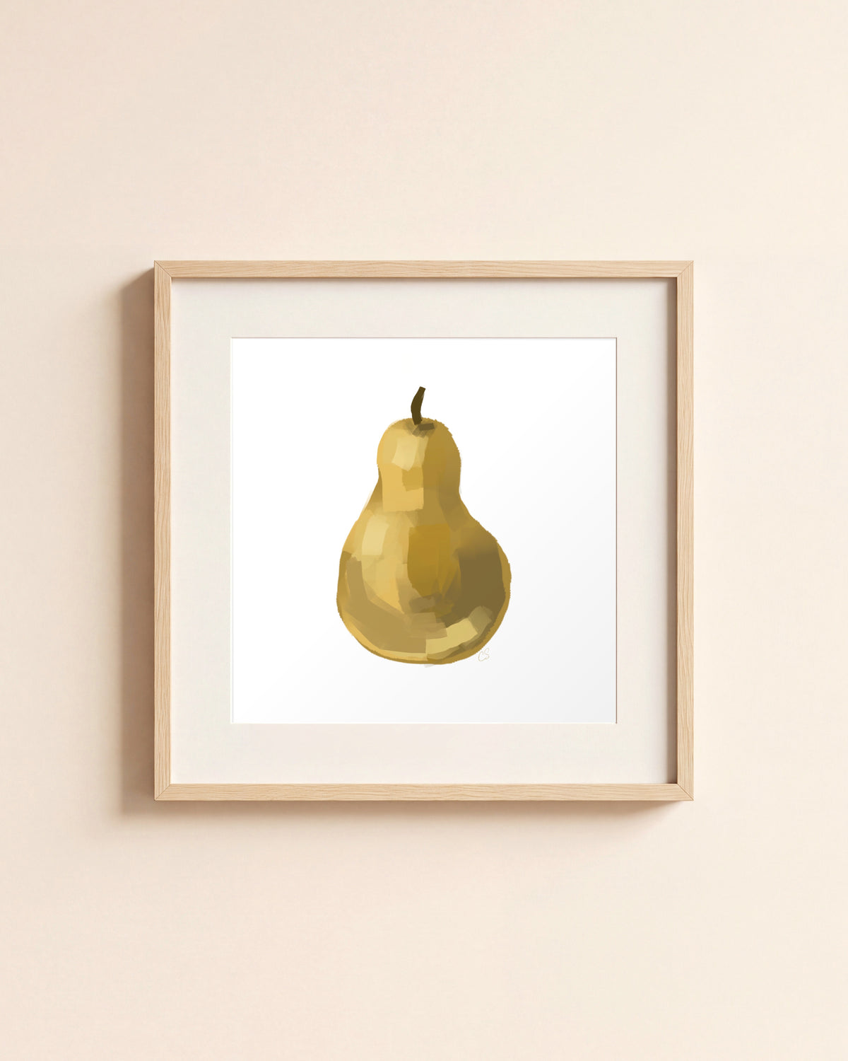 Pear giclée art print in a light oak frame with a white mat, hanging on a cream wall